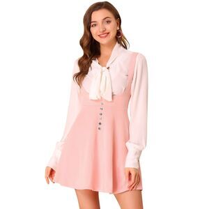 Women's Button Decor Overalls Pinafore Dress Suspenders Skirt Pink